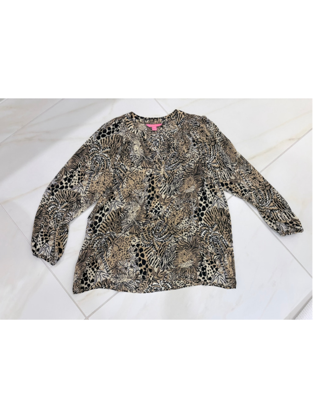 Lilly Pulitzer Animal Print Popover Blouse Women's XL Long Sleeve